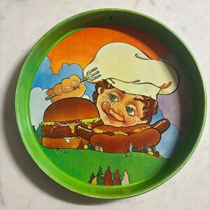 Vintage 70s serving tray featuring a hungry freckled boy, hamburger & hot dog
